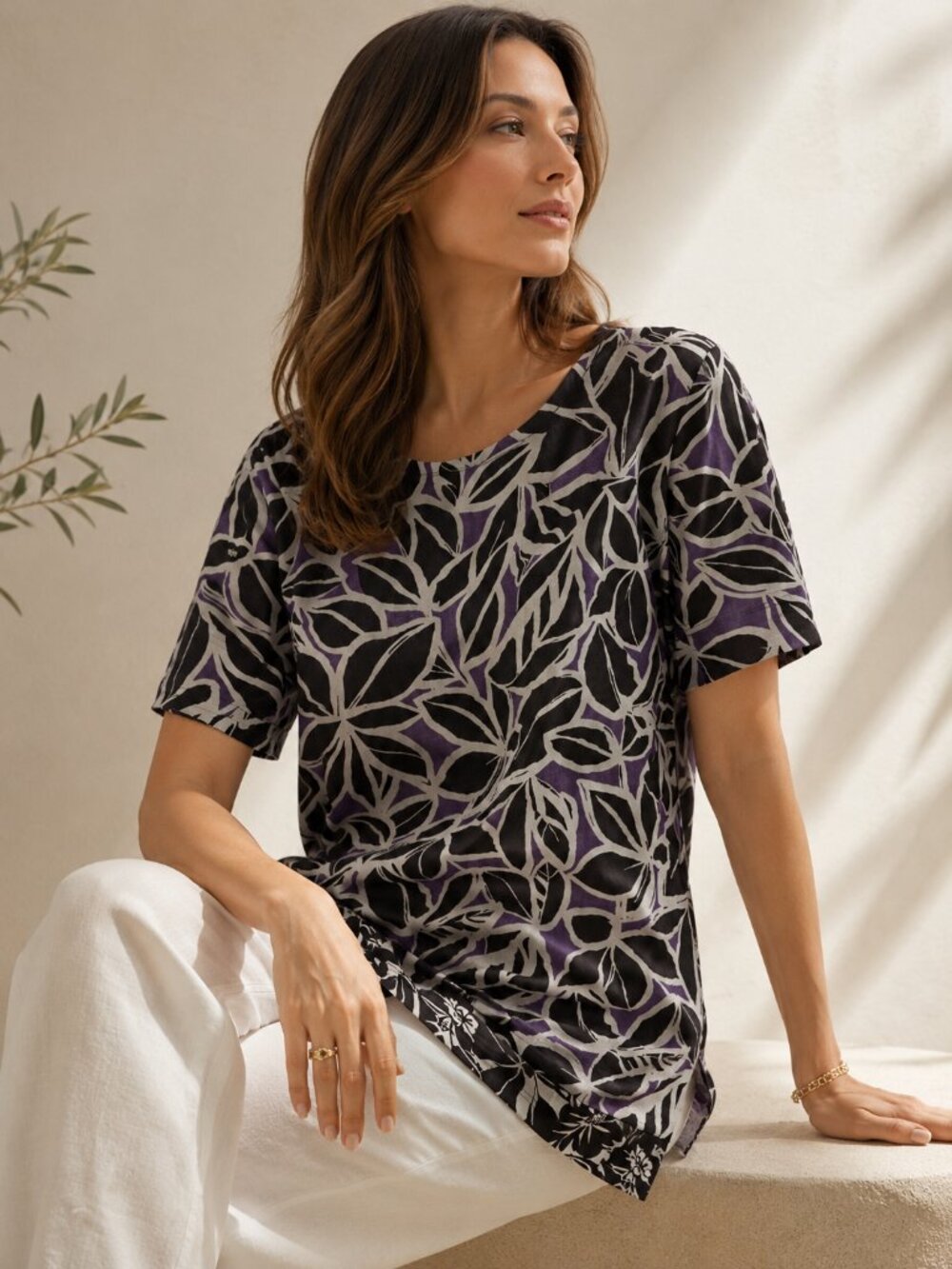 MaxMara Purple and Cream Leaf-Print Short Sleeve Linen Top size 10